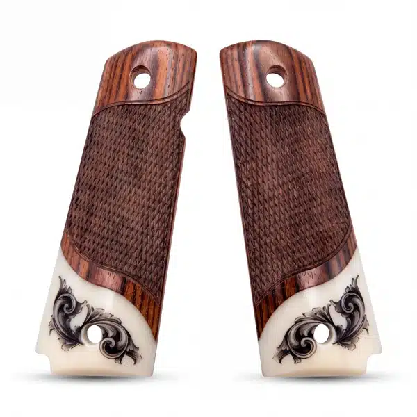 Pair of full size 1911 rosewood grips, faux scrimshaw acrylic ivory detail