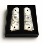 1911 Officer grips in white acrylic pearl with inlaid Texas Star medallions, compact fit for Colt Officer, Defender, Kimber Ultra, Springfield EMP, and Rock Island compact 1911s