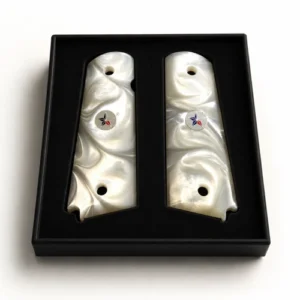 1911 Officer grips in white acrylic pearl with inlaid Texas Star medallions, compact fit for Colt Officer, Defender, Kimber Ultra, Springfield EMP, and Rock Island compact 1911s