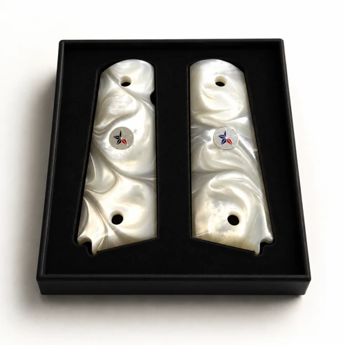 1911 Officer grips in white acrylic pearl with inlaid Texas Star medallions, compact fit for Colt Officer, Defender, Kimber Ultra, Springfield EMP, and Rock Island compact 1911s