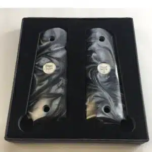 1911 gun grips in black pearl acrylic with silver Punisher medallions