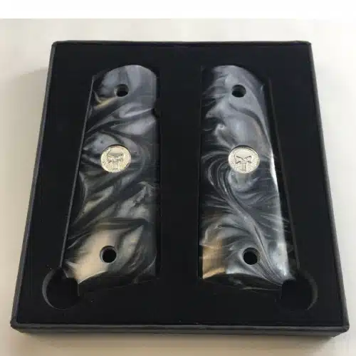 1911 gun grips in black pearl acrylic with silver Punisher medallions
