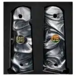 1911 Officer black pearl grips with inlaid gold US medallion, compact acrylic fit