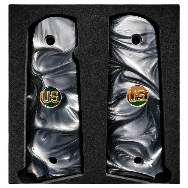1911 Officer black pearl grips with inlaid gold US medallion, compact acrylic fit