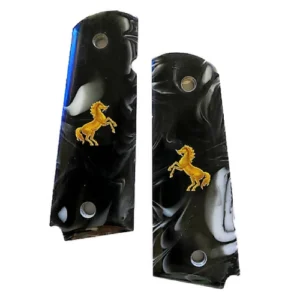 Colt 1911 grips imitation black pearl with gold horse design