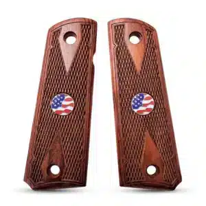Pair of full size 1911 US flag grips in checkered rosewood with flag medallions