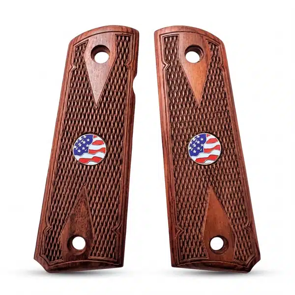 Pair of full size 1911 US flag grips in checkered rosewood with flag medallions