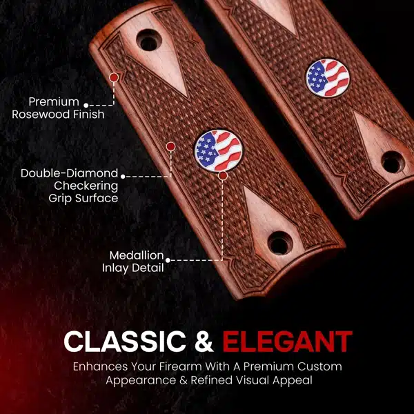 Full size 1911 rosewood grips with double diamond checkering and US flag medallions