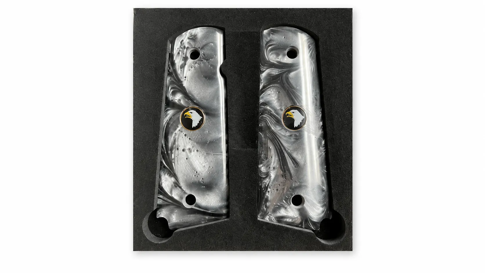 1911 Veteran Grips in black pearl with inlaid Screaming Eagle medallions, full size for Colt Government, Kimber, Springfield, and 1911 Government-model clones