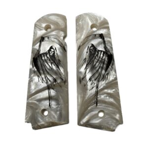 1911 pearl white acrylic gun grips with UV printed Grim Reaper design