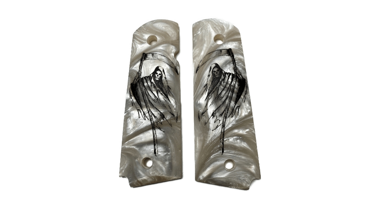 1911 pearl white acrylic gun grips with UV printed Grim Reaper design