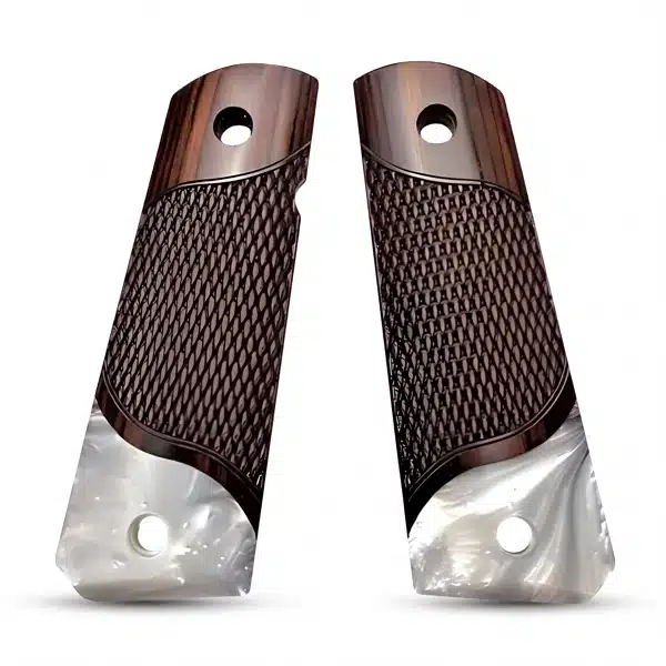 Checkered rosewood 1911 full size grips with pearl accent