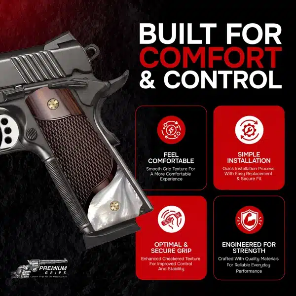 Full size 1911 pistol grips in rosewood with acrylic pearl inlay