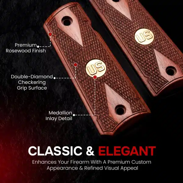 Full size Colt 1911 rosewood grips, gold medallions