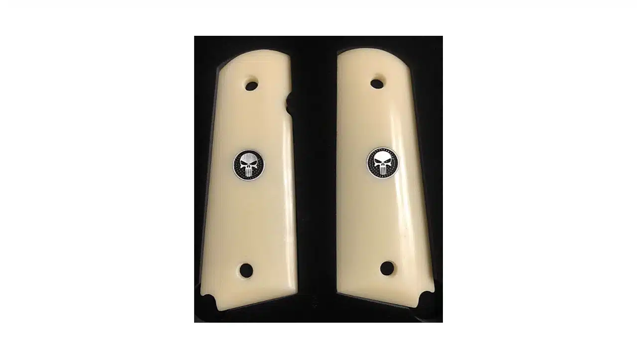 Ivory 1911 grips in acrylic with black skull medallion on full-size Government 1911 frame