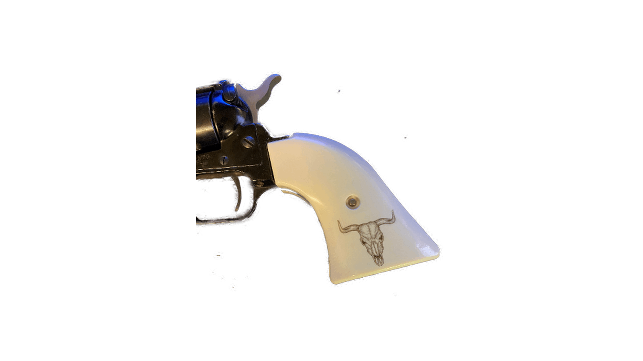 thumbnail image 2 of Premium Manufacturing Group Faux Ivory Cattle Skull Grips For Heritage Arms Rough Rider .22 & .22 Mag 2 of 6