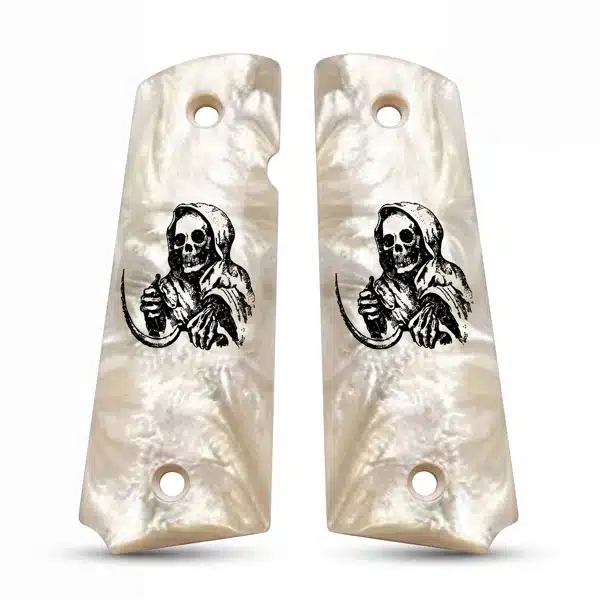 Pair of white pearl 1911 grips with Grim Reaper artwork