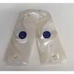 1911 Officer Pearl Grips in polished white pearl acrylic with inlaid blue Colt medallion and AMBI cut, compact fit for Colt Officer, Defender, Kimber Ultra, Springfield EMP, and 1911 Officer/Compact clones