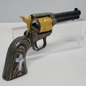 Black rosewood grips with white pearl acrylic cross and checkering for .22 and .22 Magnum Heritage Arms Rough Rider