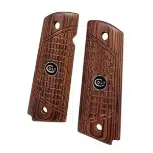 1911 wood grips in outback rosewood with black Colt medallions — full size