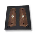 1911 checkered walnut grips dual texture silver Colt medallion swooping detail