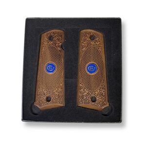 1911 walnut checkered gun grips with oval scrollwork and blue Colt medallion