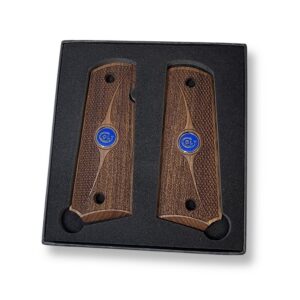 1911 walnut checkered gun grips with rough texture and blue Colt medallion