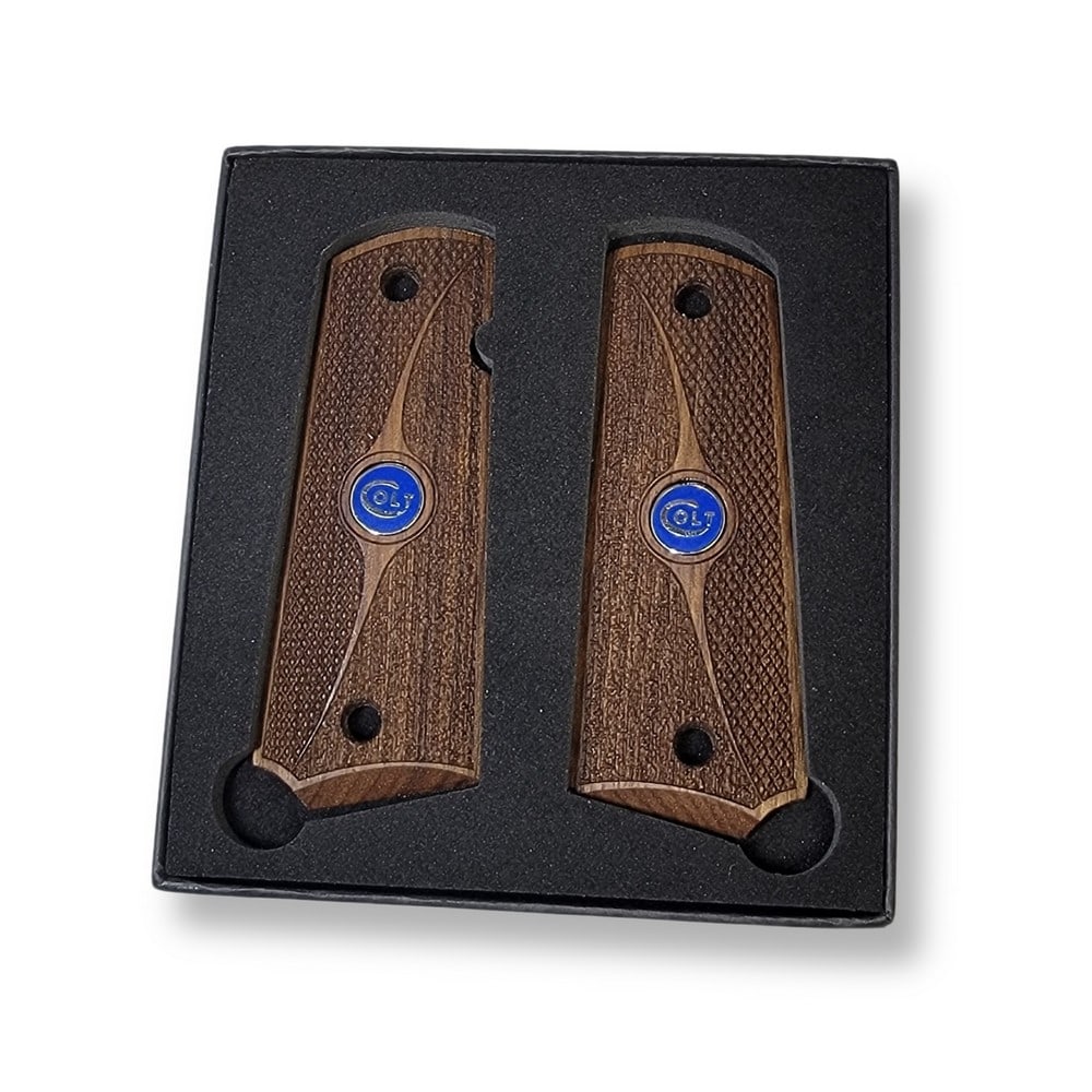 1911 walnut checkered gun grips with rough texture and blue Colt medallion