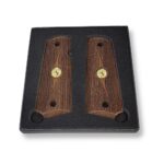 1911 walnut checkered gun grips with rough texture and gold Colt medallion