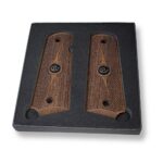 1911 walnut checkered gun grips with rough texturing and black Colt medallion