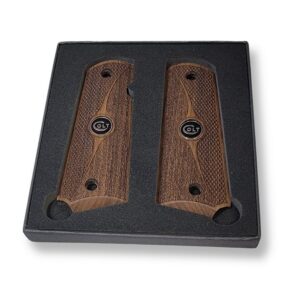 1911 walnut checkered gun grips with rough texturing and black Colt medallion