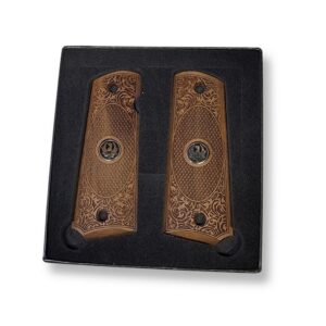 1911 walnut checkered gun grips with scrollwork and black enameled silver Ruger medallion