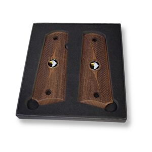 1911 Full Size Grips Unfinished Walnut with Checkering and Rough Texturing Separated by a Beautiful Curved Detail and a Black Enameled Medallion with a Screaming Eagle in the Center