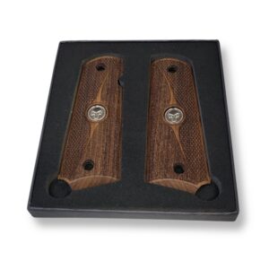 1911 Full Size Grips Unfinished Walnut with Checkering and Rough Texturing Separated by a Beautiful Curved Detail and a Black Punisher Medallion