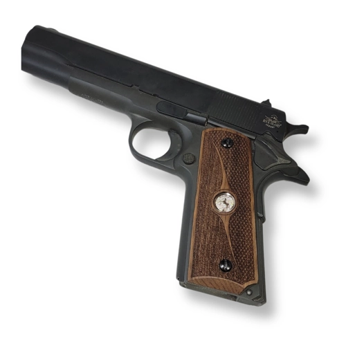 silver Colt medallion inlay on full size 1911 unfinished walnut grip panels