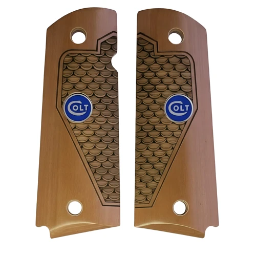 1911 Colt medallion grips with blue Colt medallion and fish scale texture, full size, fits Colt Government and most 1911 clones