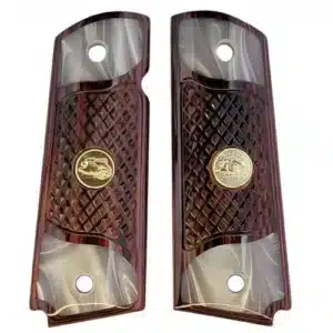 1911 grip panels in checkered rosewood with acrylic pearl accent and eagle medallion — full size