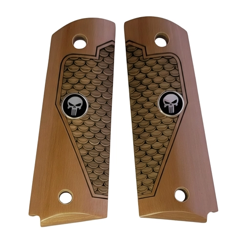 1911 Punisher grips with fish scale texture and black Punisher skull medallion