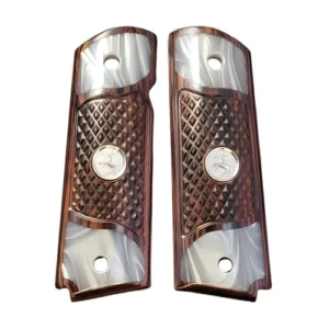 1911 Rosewood Grips Checkered Pearl – Silver Rearing Horse Medallion Full Size