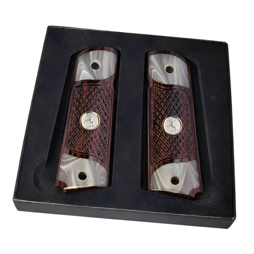 1911 Rosewood and Pearl Grip Panels – Silver Medallion Full Size Pair