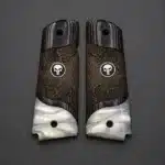 1911 black Punisher grips in hand-carved black rosewood with pearl accent and matte medallion