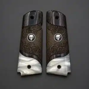 1911 black Punisher grips in hand-carved black rosewood with pearl accent and matte medallion