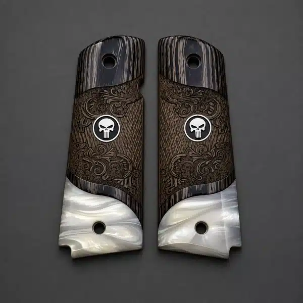 1911 black Punisher grips in hand-carved black rosewood with pearl accent and matte medallion