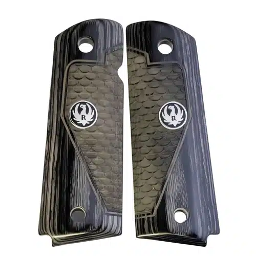 1911 black rosewood dragon scale grips with black Ruger medallion, fits Colt Government model and most full-size 1911 clones