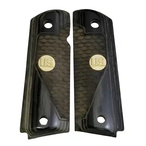 1911 black rosewood dragon scale grips with gold US medallion, fits Colt Government model and most full-size 1911 clones