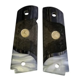 1911 rosewood grips full size carved black wood with acrylic pearl and gold rearing horse medallion
