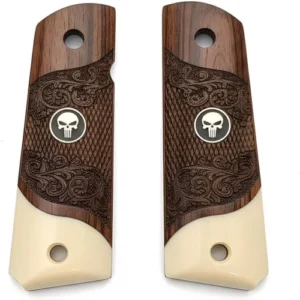 1911 rosewood grips full size carved with acrylic ivory accent and black Punisher medallion