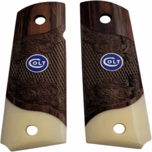 1911 rosewood grips full size carved with acrylic ivory accent and blue Colt medallion