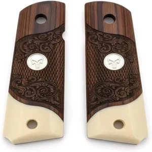1911 rosewood grips full size carved with acrylic ivory accent and silver Punisher medallion