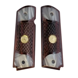 1911 rosewood grips full size checkered natural rosewood with acrylic pearl and gold rearing horse medallion